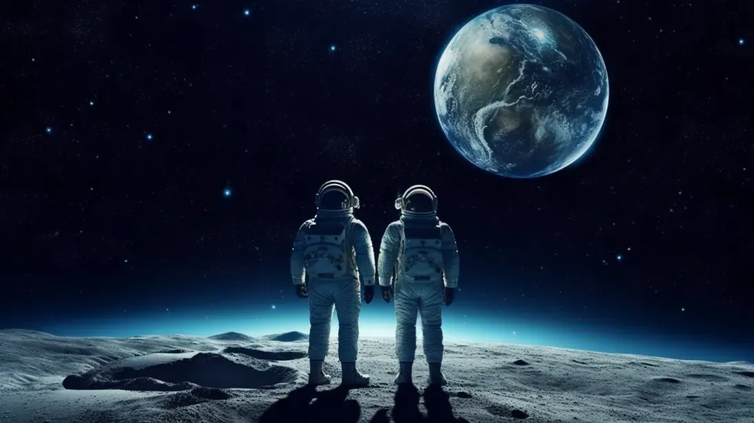 Two astronauts on the moon looking back at Earth