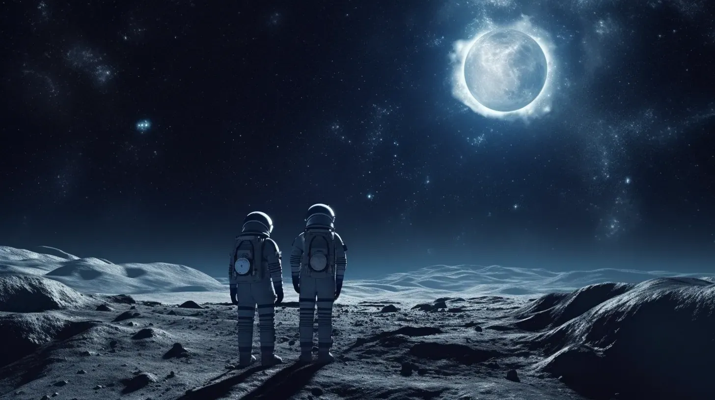 Two astronauts walking under a bright Earth