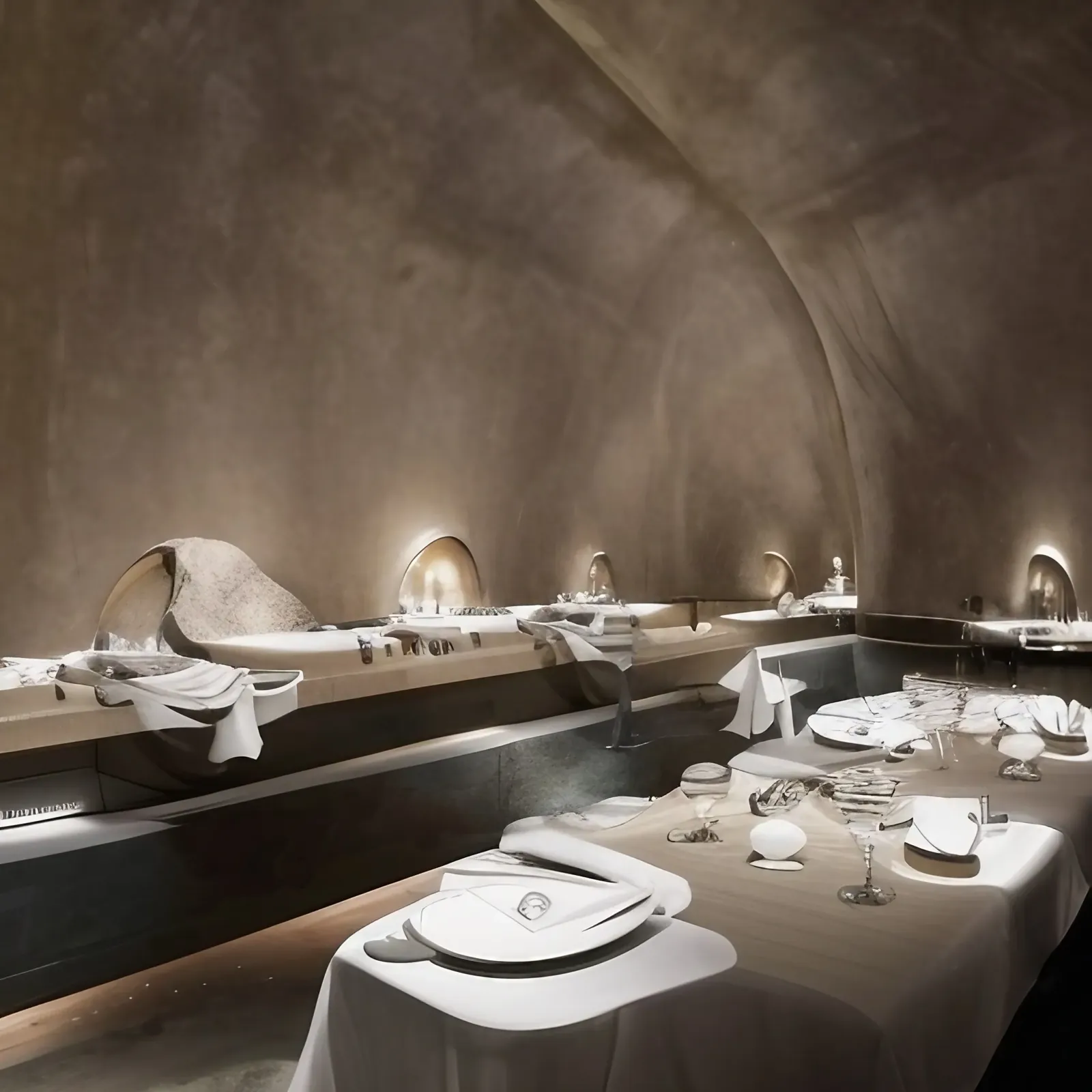 A pale dining room cut into rock