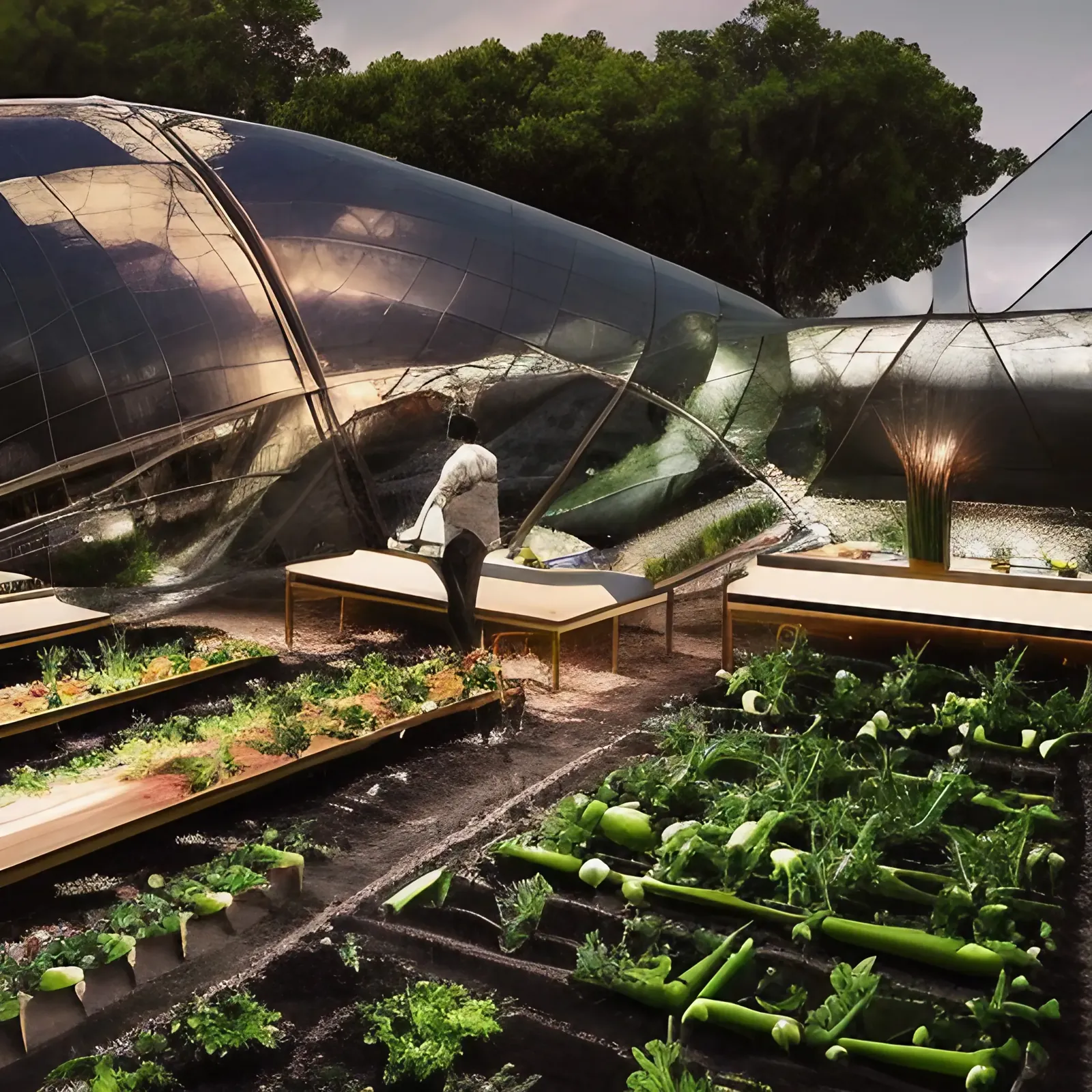 A greenhouse dome of growing beds