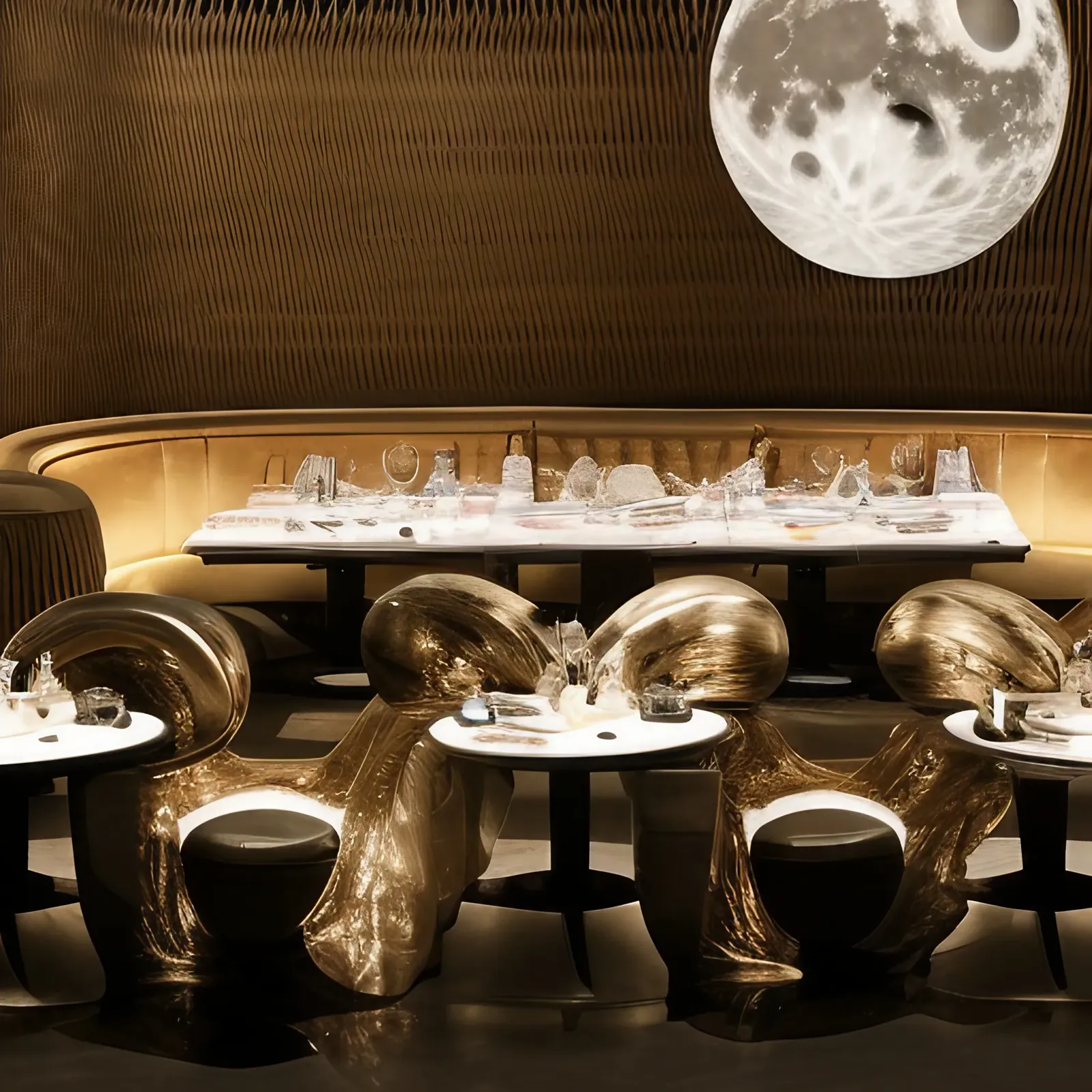 Golden seats beneath a full moon