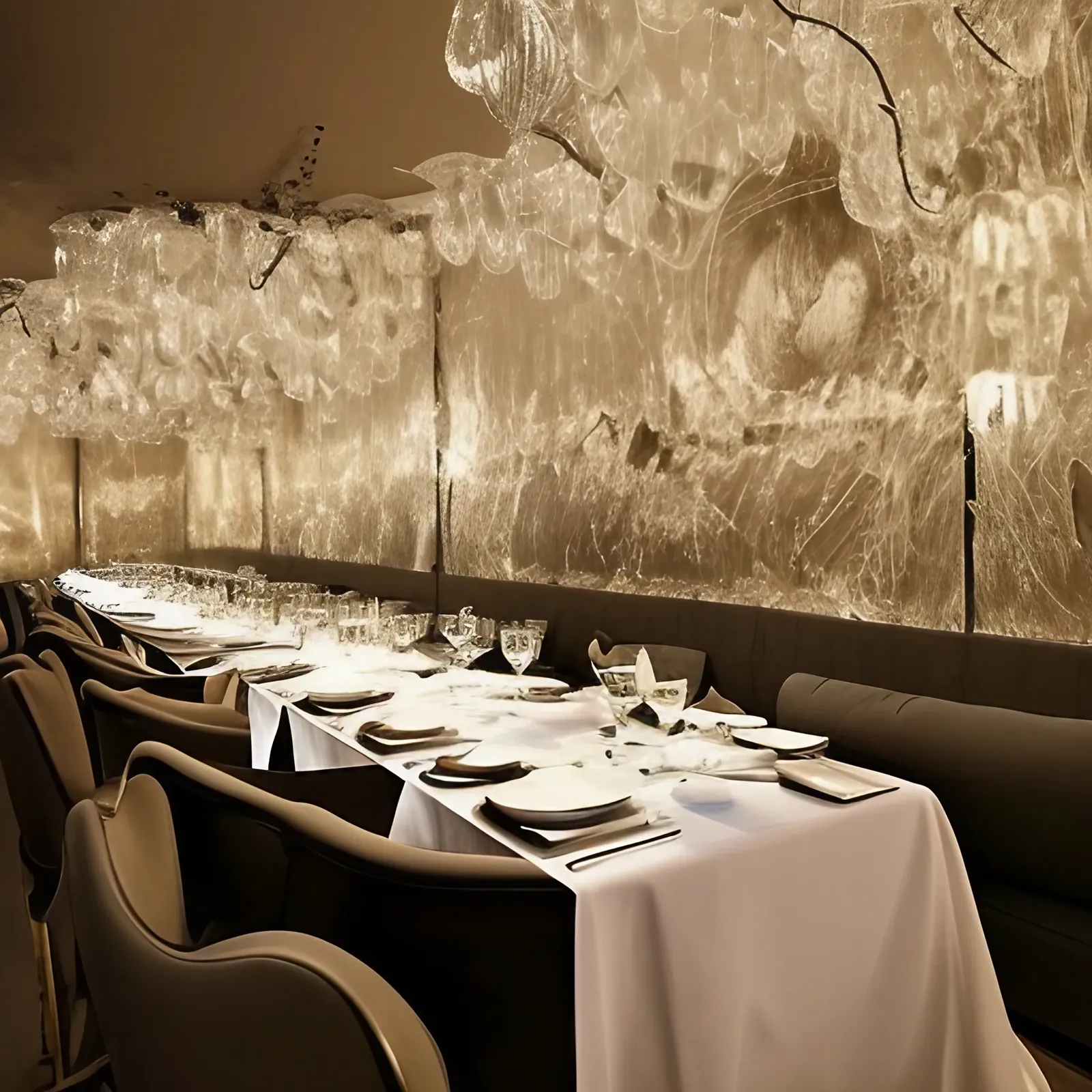 A long dining hall carved like a moon cavern
