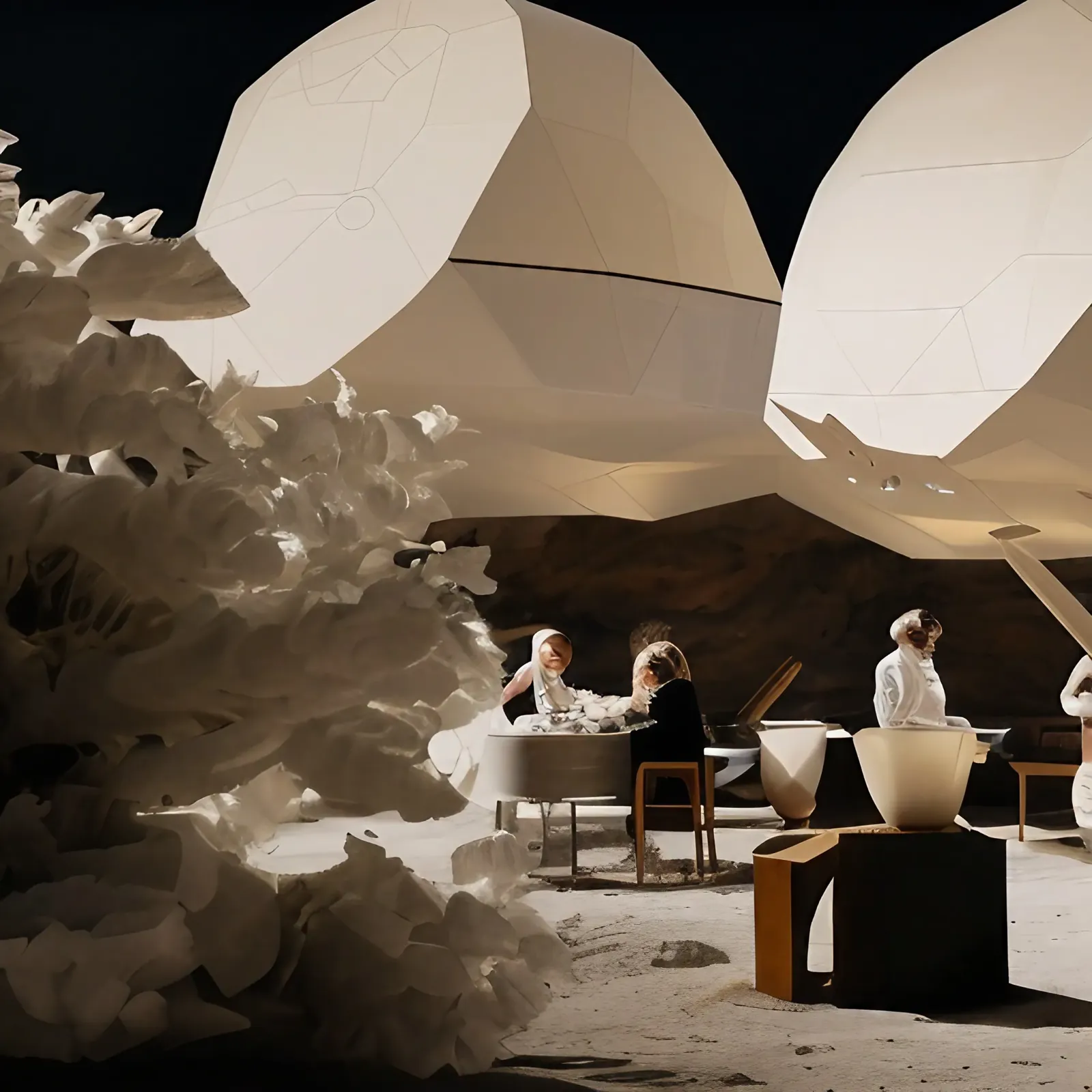 Diners under white canopies on the lunar surface