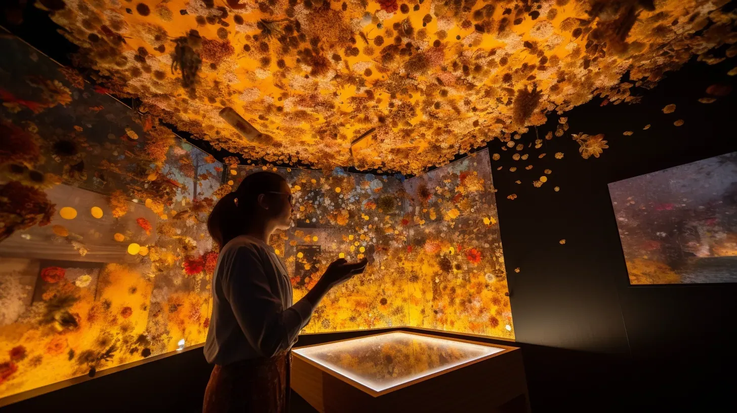 A visitor inside a glowing amber exhibit